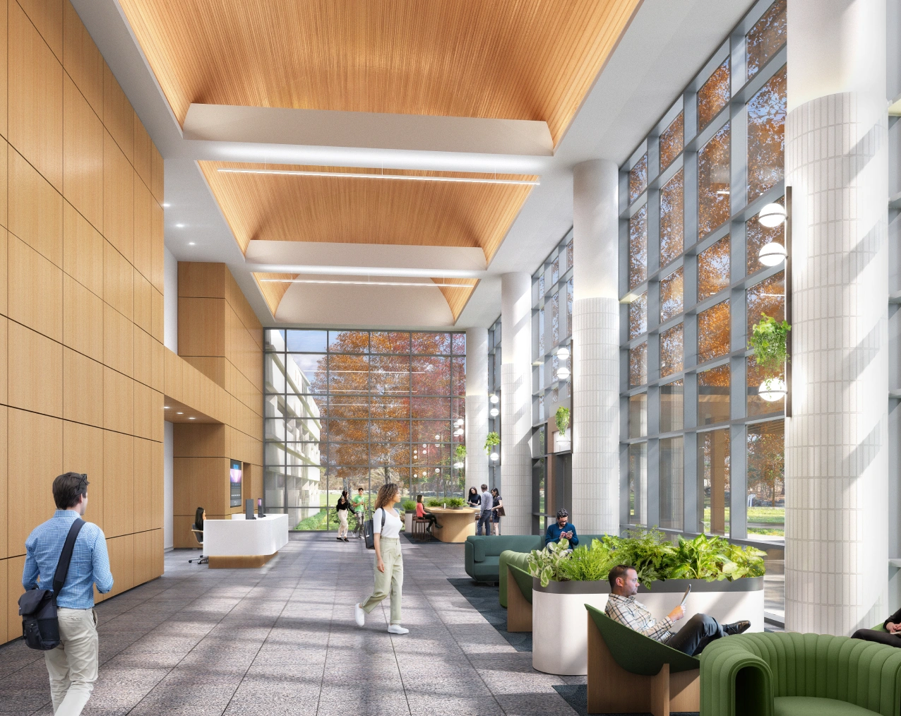 Bright office lobby with high ceilings, wood panels, indoor plants, and large glass windows