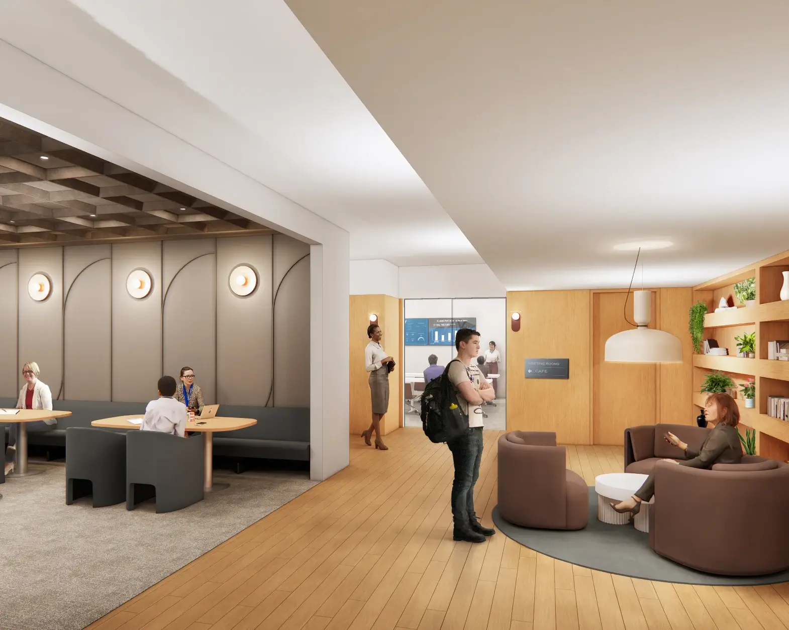 Stylish coworking space with people collaborating in lounge seating and semi-private meeting booths