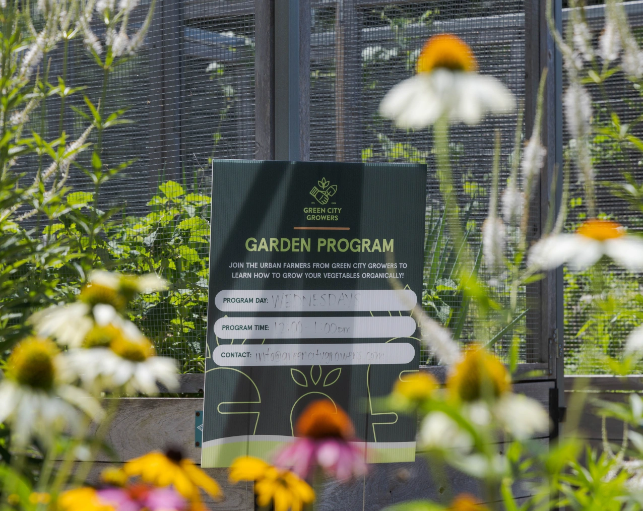 Green City Growers garden program sign surrounded by blooming wildflowers and raised planter beds