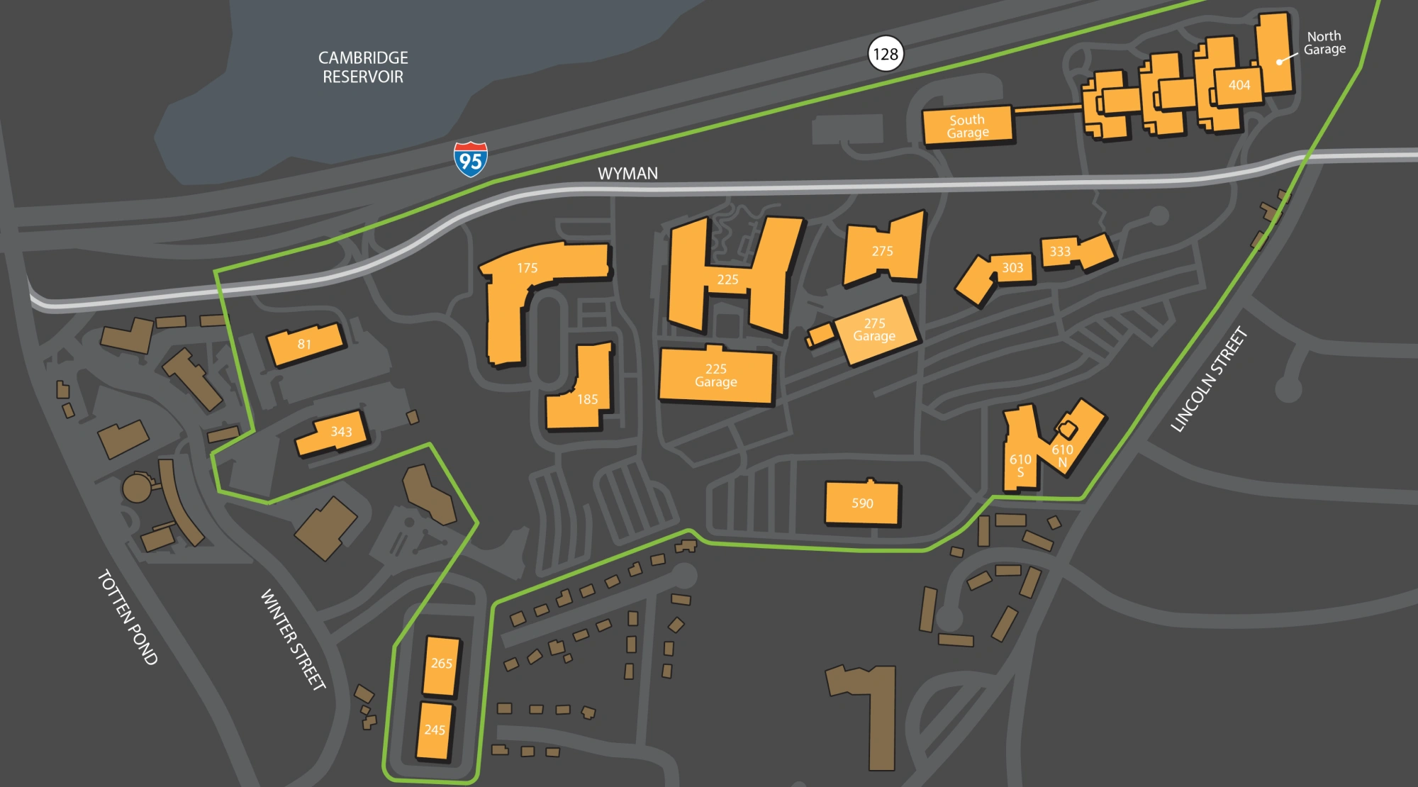 Map layout showing garages, office buildings, and road access throughout the business park campus